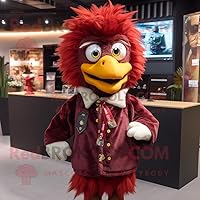 Maroon Chicken mascot costume character dressed with a Jacket and Hair clips