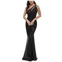 Women's Cut Out One Shoulder Tassel Sequin Split Thigh Evening Maxi Dress Sexy Bodycon Sleeveless Mermaid Prom Gown