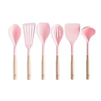 GreenLife Cooking Tools and Utensils, 7 Piece Nylon and Wood Kitchen Set with Ceramic Crock Holder, Heat Resistant Spatula and Spoons, BPA-Free, Pink