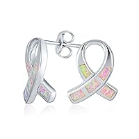 Created Pink Opal Ribbon For Breast Cancer Awareness Stud Earrings For Women .925 Sterling Silver 8MM October Birthstone