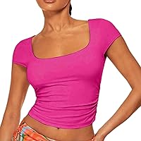 Women Casual Sexy Going Out Crop Tops Slim Fitted Short Sleeve Scoop Neck Tight T-Shirts Knit Y2K Tee Fashion 2024