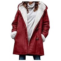 Womens Winter Sherpa Fleece Lined Jacket Long Plus Size Horn Button Wool Trench Coat Warm Thick Hooded Peacoat Outwear