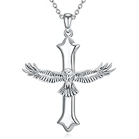 S925 Sterling Silver Eagle Cross Pendant Necklace for Men Women, Large Big Cross Eagle Necklace Jewelry Gift