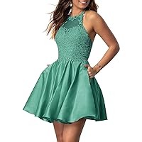 Short Prom Dresses for Juniors Lace Applique Sparkly Beading Halter Homecoming Dress