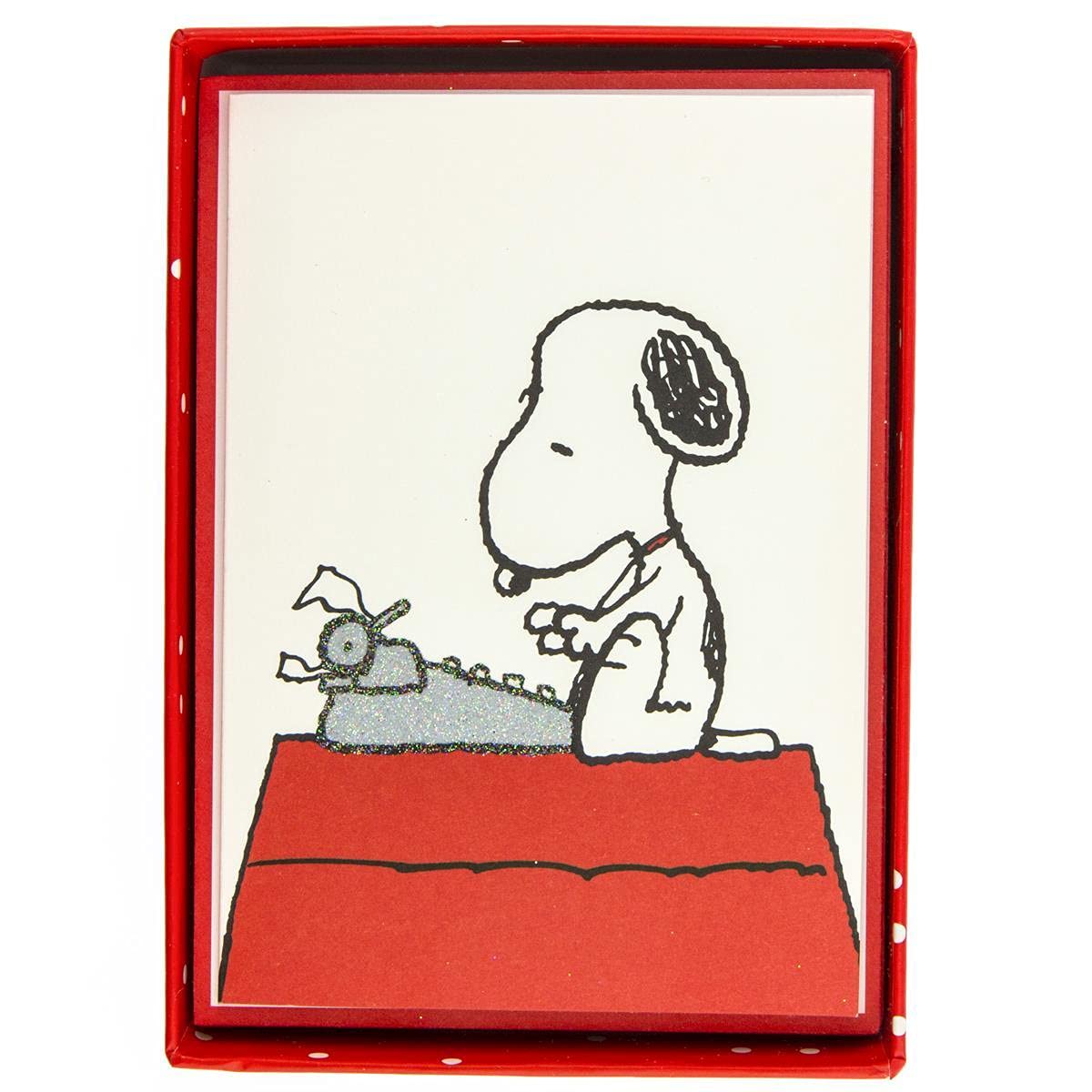 Graphique Peanuts Typewriter Boxed Notecards, 16 Snoopy at Typewriter Cards Embellished with Glitter, with Matching Envelopes and Storage Box, 3.25