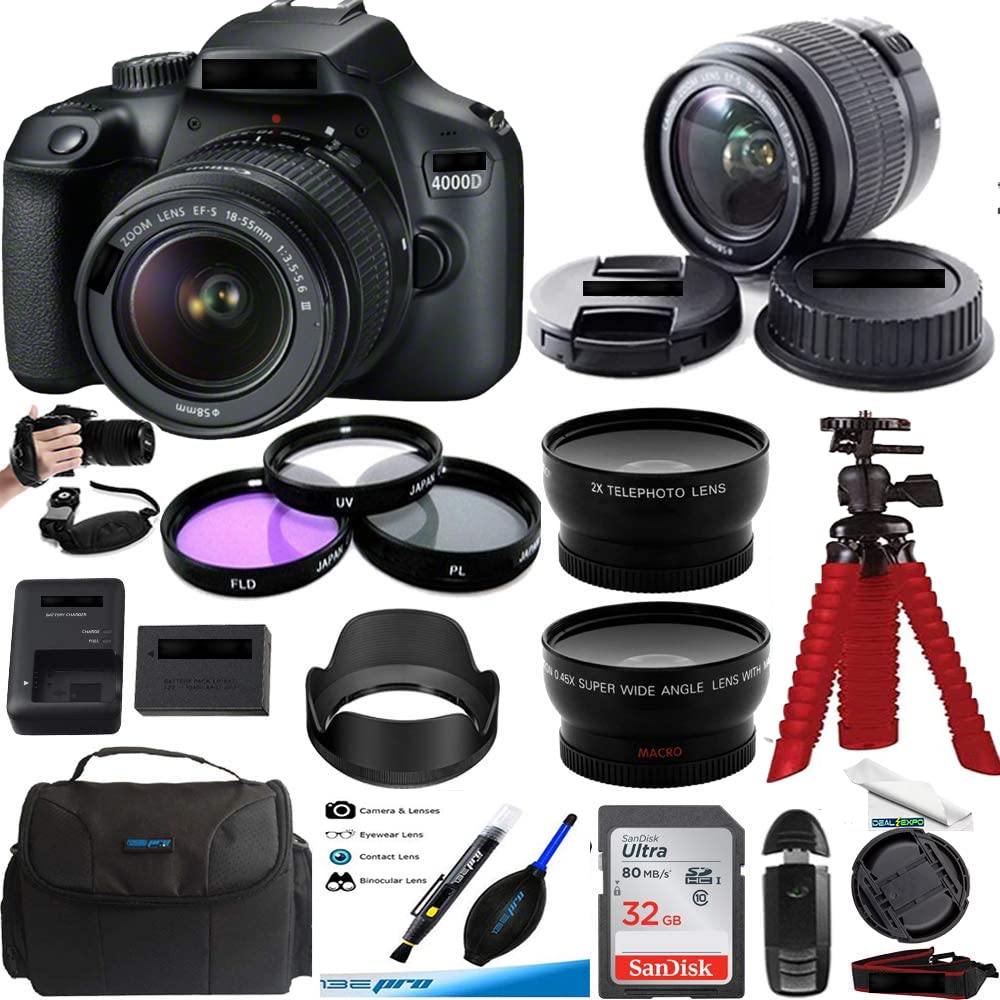 EOS 4000D Digital Camera with EF-S 18-55MM Lens Expo Professional Accessories Bundle (16PCS) (International Version), Black