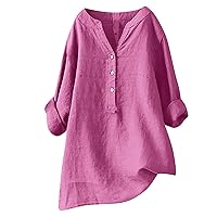 Summer Tops for Women 2024 3/4 Sleeve Oversized Tshirts Cotton Linen Loose Tee Top Casual V-Neck Button Down Solid Clothing