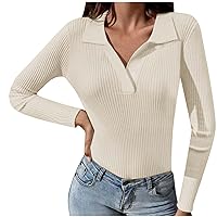 Women Ribbed Knit Long Sleeve T Shirts Fall Winter Fashion Clothes V Neck Slim Fit Basic Tee Soft Stretchy Layer Tops
