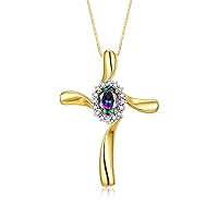 Rylos Yellow Gold Plated Silver Cross Necklace: Gemstone & Diamond Pendant, 18