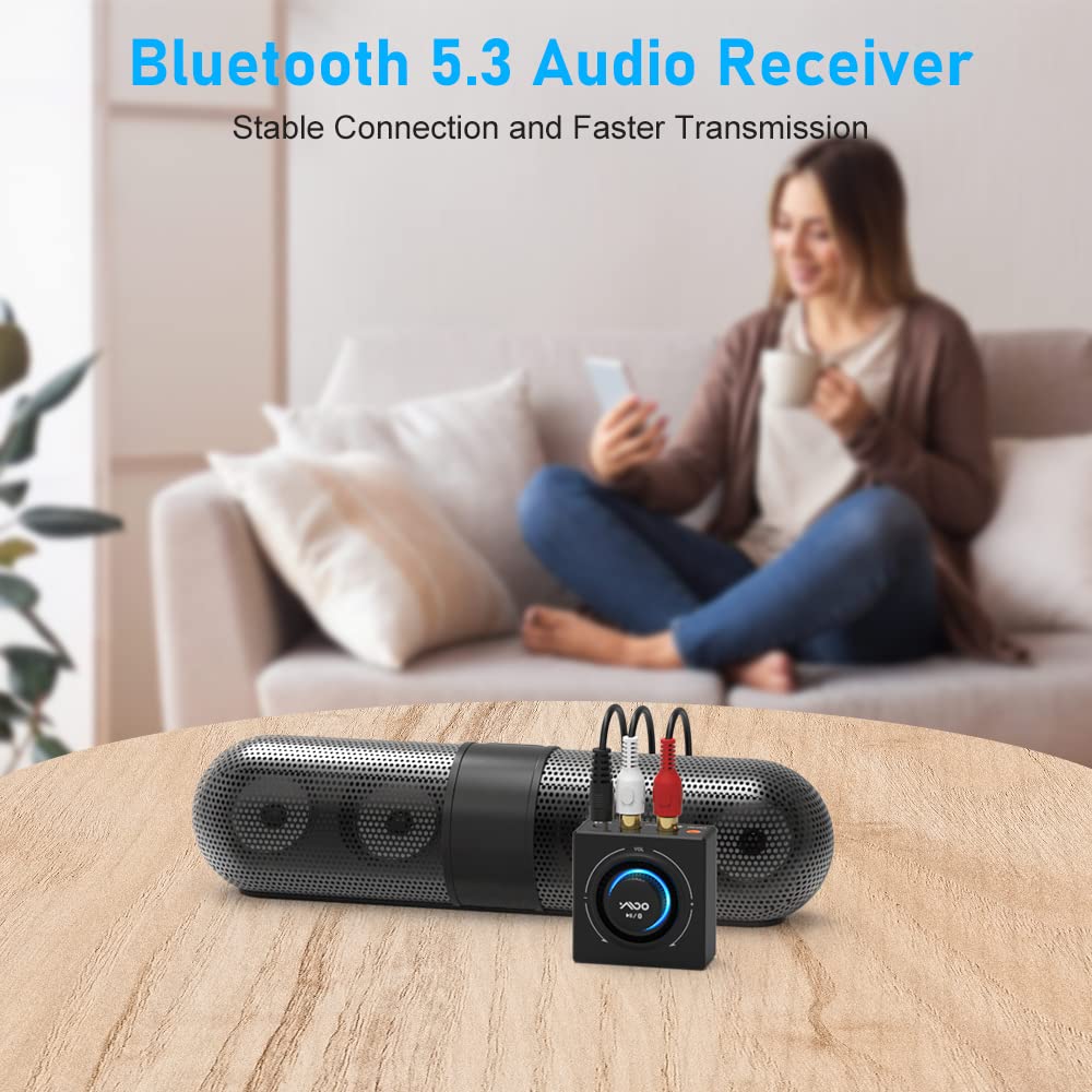 YMOO B06T3 Bluetooth 5.3 Receiver,SBC AAC Bluetooth Audio Adapter for Home Stereo,100ft Long Wireless Range,RCA 3.5mm Jack aux HiFi for Speaker/Older Stereo/Amplifier from Smartphone/Tablet/Laptop