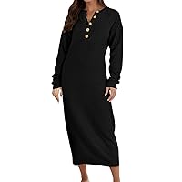 Semi Formal Dresses for Women 2024 Elegant,Women Sweater Maxi Dress Long Sleeve Button V Neck Oversized Casual