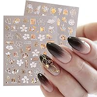 9 Sheets Laser Gold White Foil Nail Stickers Decals,3D Self-Adhesive Abstract Face Shining Flowers DIY Sticker Nail Art Supplies Golden Leaf Flower Design Acrylic Nail Art Decorations Accessories