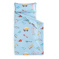 Wake In Cloud - Extra Long Nap Mat with Removable Pillow for Kids Toddler Boys Girls Daycare Preschool Kindergarten Sleeping Bag, Car Crane Excavator Truck on Blue, 100% Cotton with Microfiber Fill