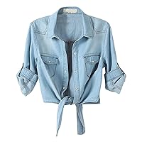 Women's Plus Size Fall Roll Up 3/4 Sleeve Button Up Chambray Blue Denim Crop Top Front Tie Knot Shirts Side Slit Hem Lapel Neck Jeans Cardigan with Two Chest Pockets(Blue 3XL)