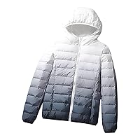 Womens Lightweight Packable Puffer Jackets Comfy Snug Down Jackets Gradient Color Zip Up Long Sleeve Hooded Coat with Pockets