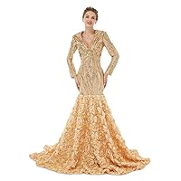 Women's Sexy V-Neck Shiny Sequined Mermaid Long Prom Long Sleeves Organza Rose Flowers Chapel Train Prom Gowns
