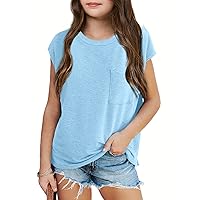 Girls Cap Sleeve Summer Tops Casual Crewneck Loose Tshirts with Pocket