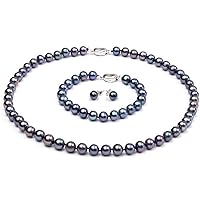 JYX Pearl Necklace Bracelet Set AAA Elegant 8-9mm Round Black Freshwater Cultured Pearl Necklace Bracelet Set for Women