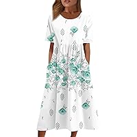 Summer Casual Dresses for Women 2023 Short Sleeve Floral Dress Loose Boho Beach Midi Dress Crewneck Tshirt Dress