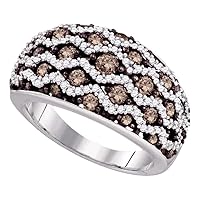 The Diamond Deal 10kt White Gold Womens Round Brown Diamond Striped Fashion Ring 1-1/4 Cttw