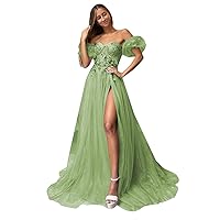 Off Shoulder Glitter Tulle Prom Dresses with Slit 3D Flower Sweetheart Prom Dress Ball Gowns for Women Puffy 2023 Dress