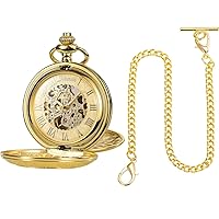 SIBOSUN Pocket Watch Chain Albert T-Bar Lobster Buckle Gold Plated 14 Inch Chains Link Vest Mechanical Pocket Watch - Roman Numerals Dial Steampunk Pocket Watch with Chain