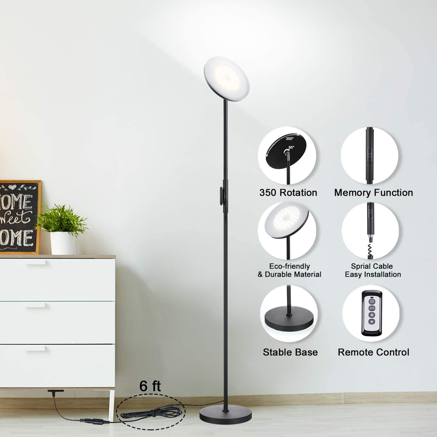 JOOFO Floor Lamp,30W/2400LM Sky LED Modern Torchiere 3 Color Temperatures Super Bright-Tall Standing Pole Light with Remote & Touch Control for Living Room,Bed Room,Office (Black)