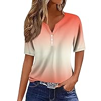 Summer Tops for Women 2024 Fashion Casual Vintage Gradient V-Neck Short Sleeve Decorative Button T-Shirt Blouse