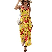 Cute Crab Women's Dress V Neck Sleeveless Dress Summer Casual Sundress Loose Maxi Dresses for Beach