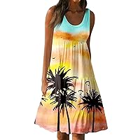 Dresses for Women 2024 Casual Sleeveless Dresses Plus Size Summer Floral Dresses Crewneck Pleated Tunic Dresses