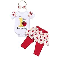 IBTOM CASTLE Baby Girls 1st Birthday Outfits Strawberry/Rainbow/Mermaid/Cow Romper Skirted Leggings with Headband 3pcs Set