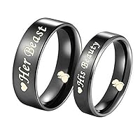 His Beauty/Her Beast Love Heart Black Stainless Steel Engagement Wedding Bands Promise Ring Anniversary