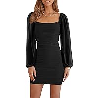 Wenrine Women's Mesh Long Sleeve Square Neck Ruched Party Club Cocktail Bodycon Mini Dress