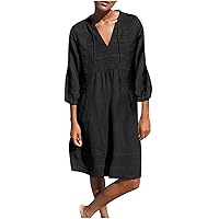 Womens 2023 Summer V Neck Casual Loose Tunic Dress 3/4 Sleeve Loose Fit Vacation Beach Pocket T-Shirt Knee Dresses