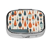 Mid Century Modern Retro with Drop Shapes Print Square Pill Box with 2 Compartment Portable Mini Pill Case Metal Pill Organizer Pill Container for Pocket Purse Office Travel