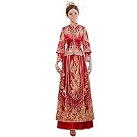 Modern Oriental Cheongsam Couple Red Satin Dragon and Phoenix Embroidery Qipao Chinese Traditional Wedding Dress