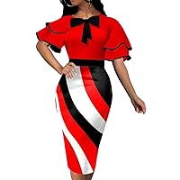 VisiChenup Sexy African Pencil Dress for Women Crew Neck Short Ruffles Sleeve Basic Fitted Outfits Business Midi Dresses with Bowknot Zipper(Large)
