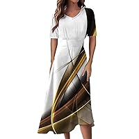 Long Maxi Dresses for Women Print Color V-Neck Short Sleeve Waist Long Swing Dress