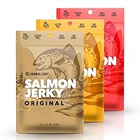 Kaimana Jerky Wild Caught Salmon Jerky - Organic Dried Fish Strips Rich in Omega-3, Protein - Low-Calorie Seafood Snack with No Gluten, Less Sodium & Sugar - Original, Teriyaki, Spicy Flavors - 3-Pack