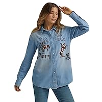 Wrangler Women's Denim Embroidered Western Boyfriend Shirt