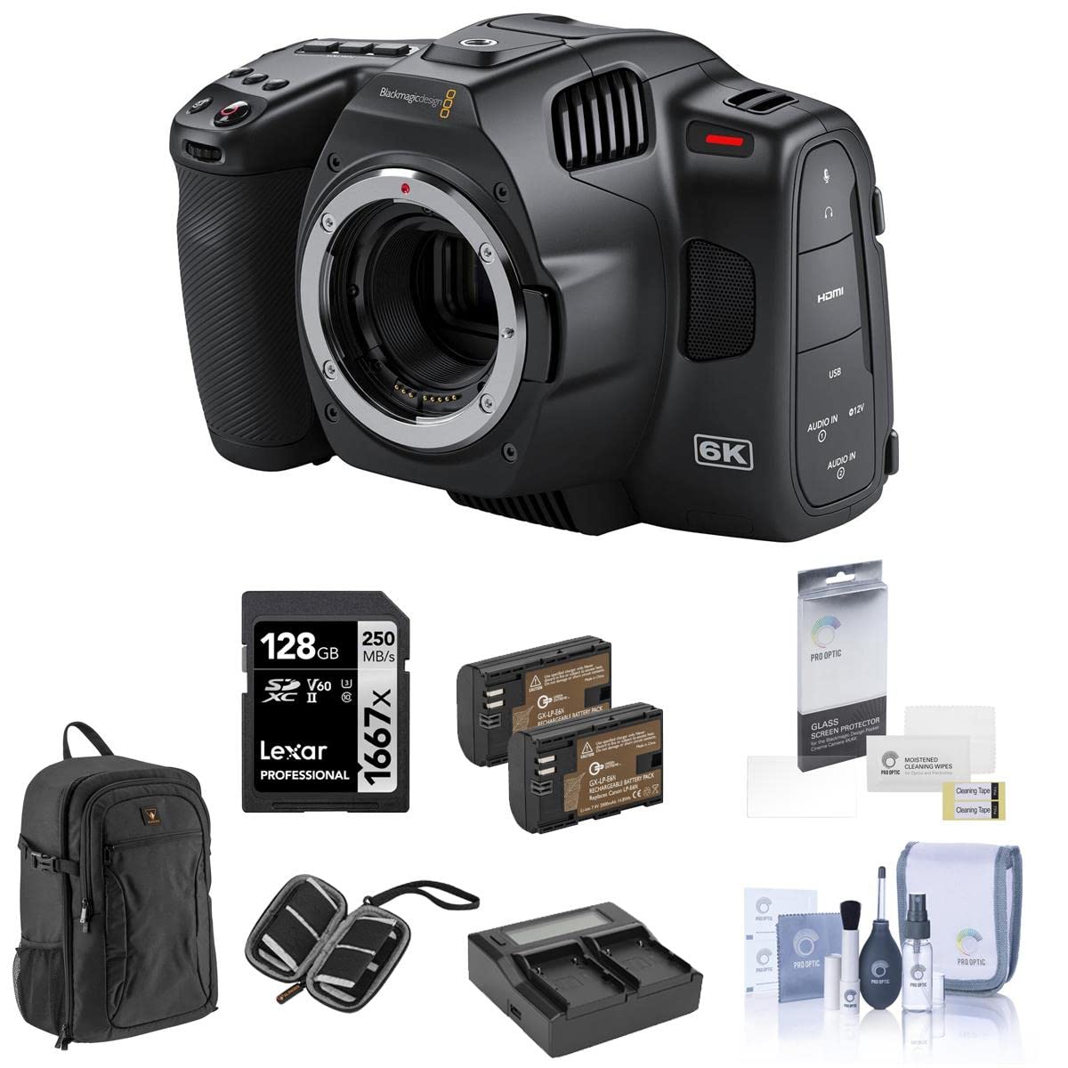 Blackmagic Design Pocket Cinema Camera 6K Pro Bundle with 128GB SD Card, Backpack, 2X Battery, Charger, Screen Protector, SD Card Case, Cleaning Kit