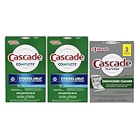 Cascade Complete, Powder Dishwasher Detergent, Fresh Scent 90 oz (2 pack) With Cascade Platinum Dishwasher Cleaner 3 count Bonus Pack