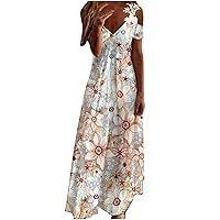 Maxi Dresses for Women Cold Shoulder Short Sleeve T Shirt Dress V Neck Boho Floral Print Long Beach Party Sundress