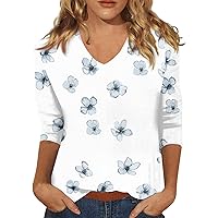 Business Casual Outfits for Women, Blue Tops for Women Lace Shirts for Women Women's 3/4 Sleeve Shirt Ladies Fashion V-Neck Blouse Summer Tunic Print Trendy 2024 Tee Tshirt Y2K (White,Small)