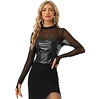 Allegra K Mock Neck Top for Women's Faux Leather Mesh Sheer Long Sleeve Corset