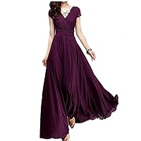 Cheng Xiang Woman's V-Neck Short-Sleeved Bohemian Wind Dress Chiffon Dress Solid Color Long Dress Ankle Length