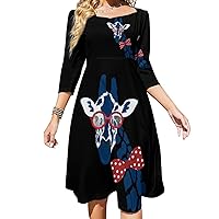 Giraffe Bow Tie Midi Dresses for Women Tie Flared A-Line Swing 3/4 Sleeves Cute Sundress