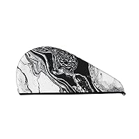 Black and White Marble Print Dry Hair Cap for Women Coral Velvet Hair Towel Wrap Absorbent Hair Drying Towel with Button Quick Dry Hair Turban for Travel Shower Gym Salons
