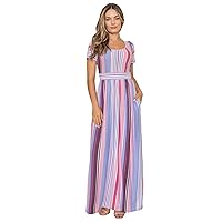 Eloges Summer Short Sleeve Floral Tie Dye Multi Stripe Plus Casual Long Maxi Dress with Pockets