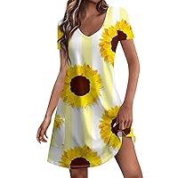 Women's Summer Casual Sunflower Flower Printed with Pockets Short Sleeve Dresses Women's Beach Sundresses